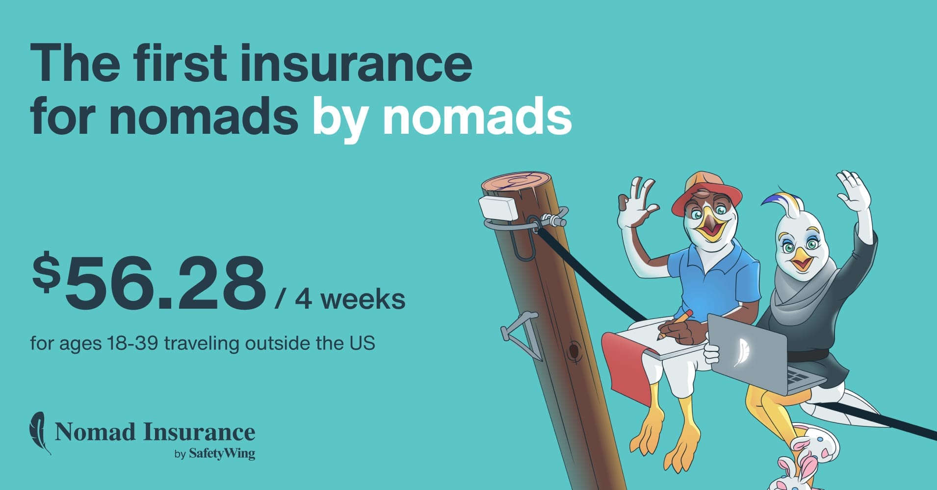 SafetyWing nomad insurance homepage showing coverage for remote workers