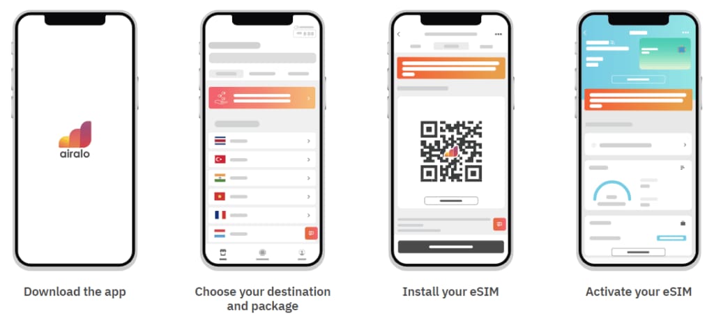 Airalo eSIM app interface on an iPhone showing the clean user experience