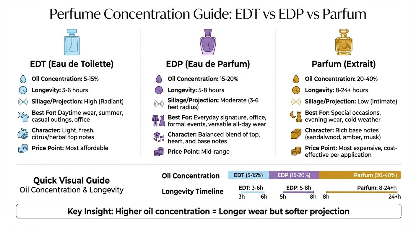 Perfume longevity comparison chart showing EDT EDP and Parfum durations