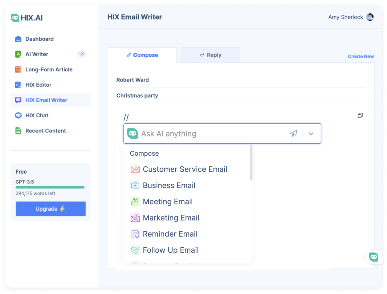 Hix AI writing assistant interface screenshot