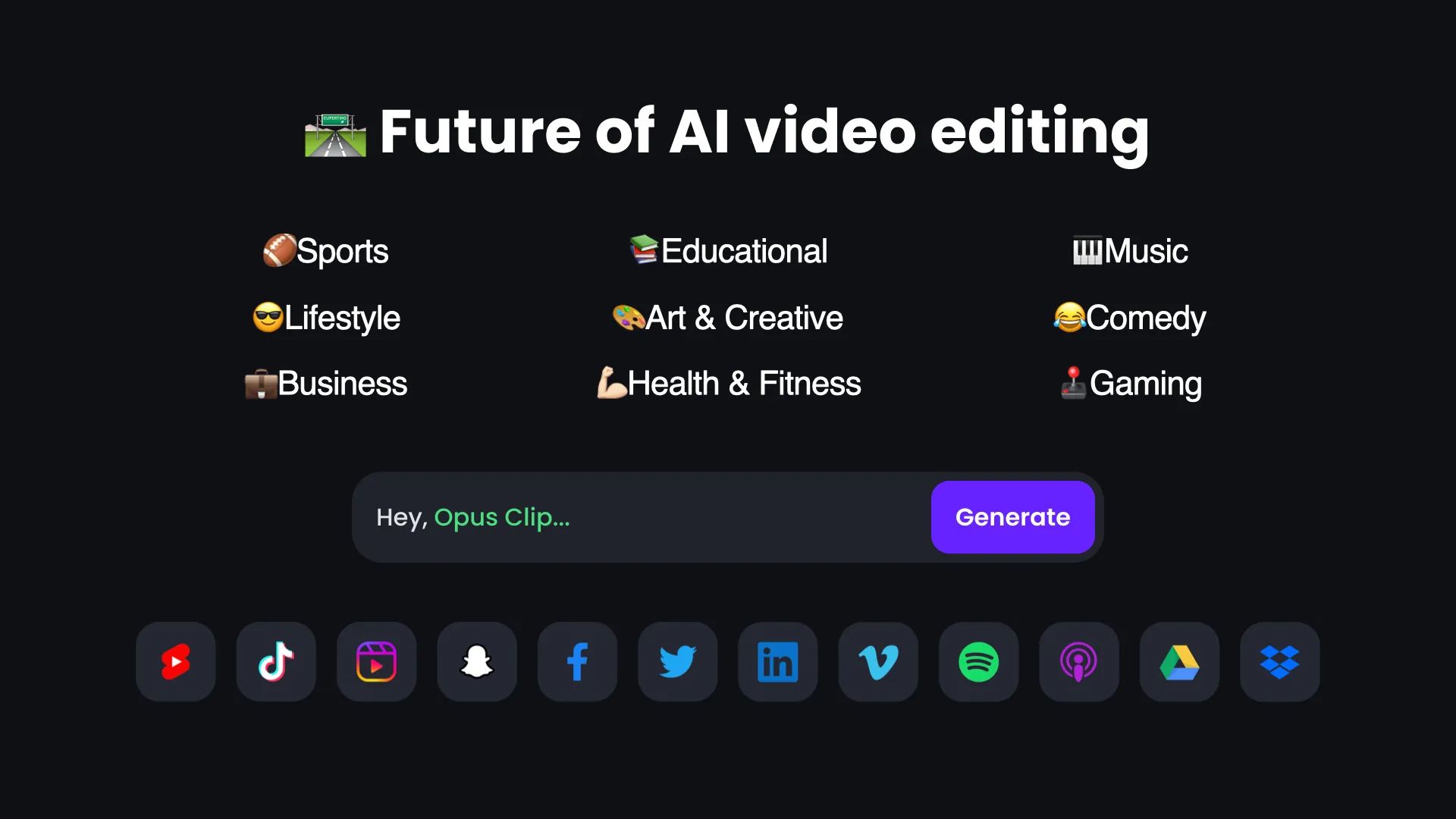 Opus Clip AI dashboard for turning long-form video into short clips