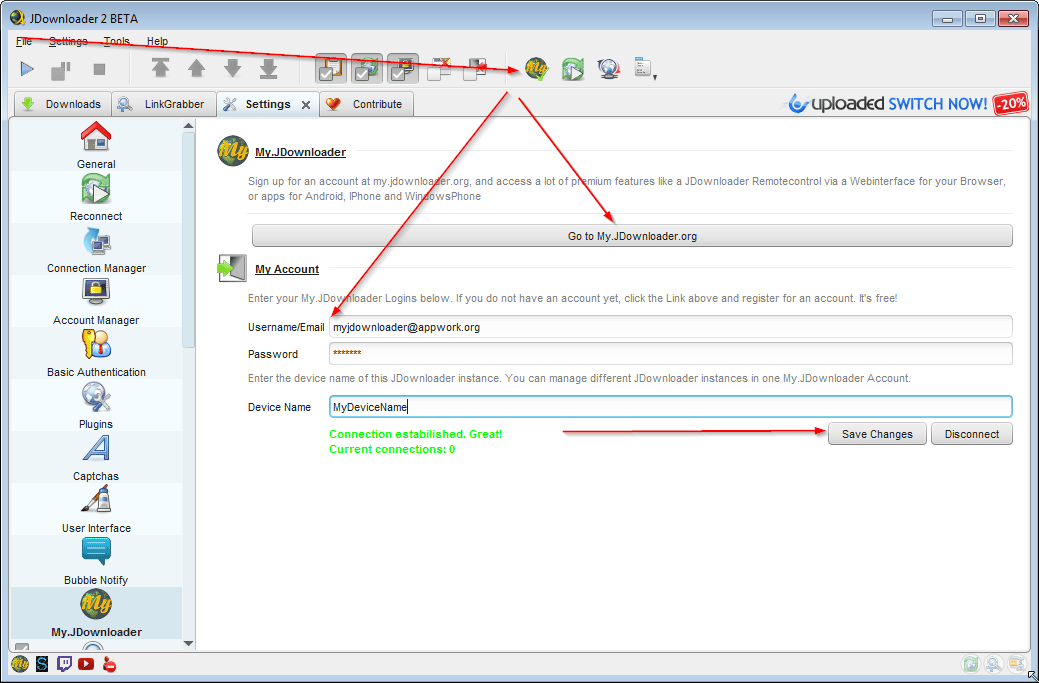 JDownloader interface and MyJDownloader dashboard view