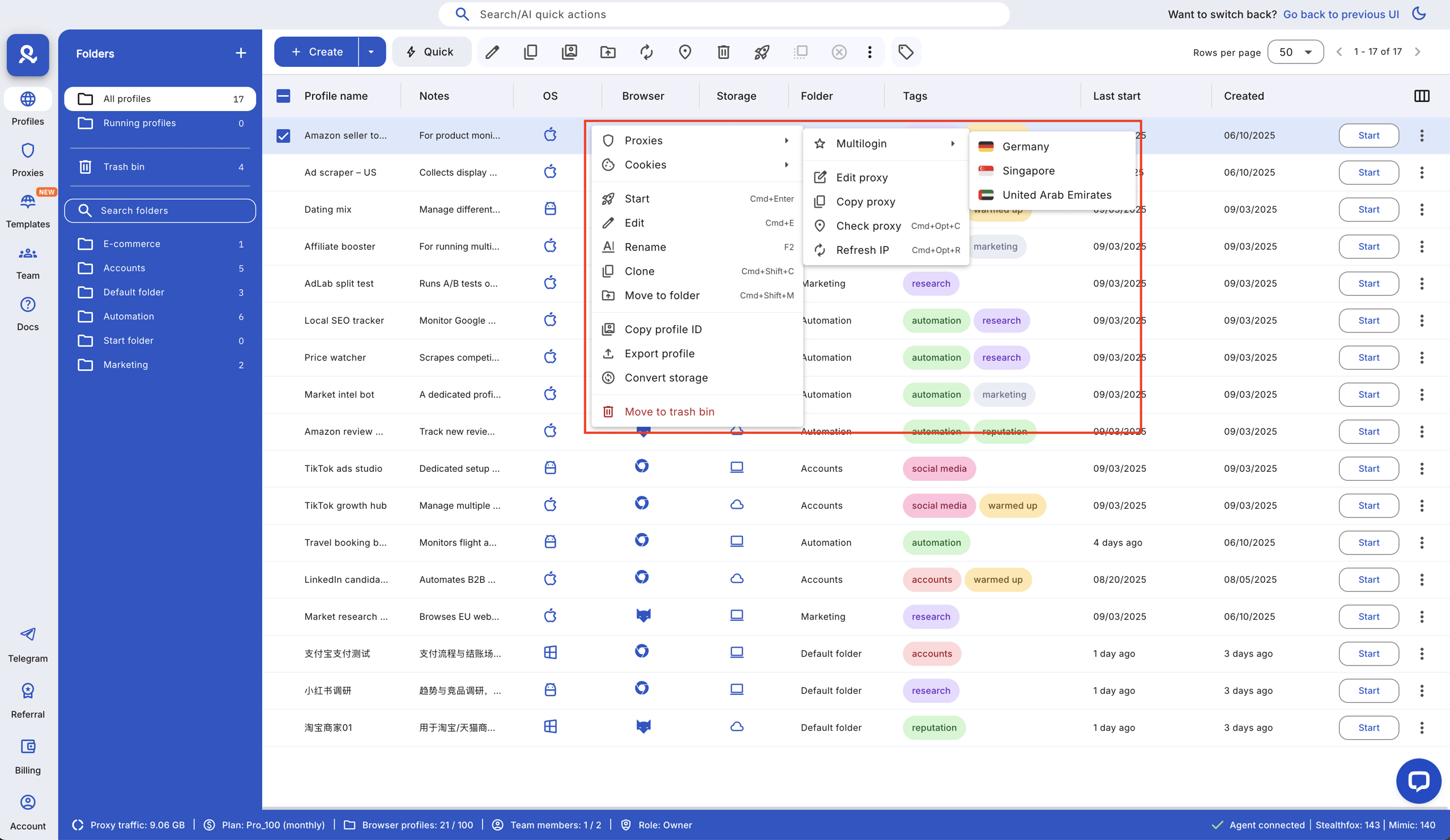 Multilogin dashboard and browser profile management interface
