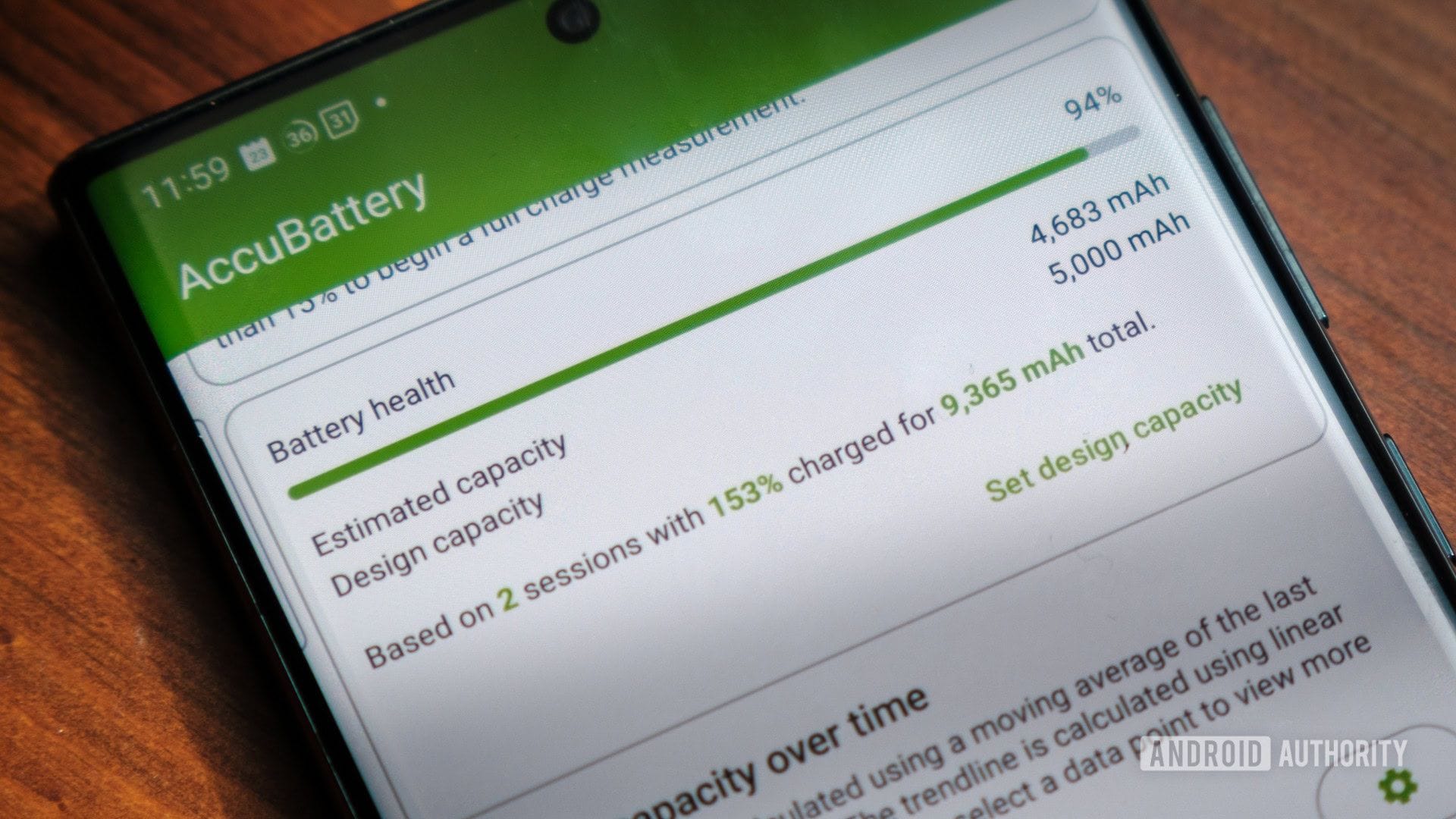 AccuBattery Android app showing battery health monitoring data