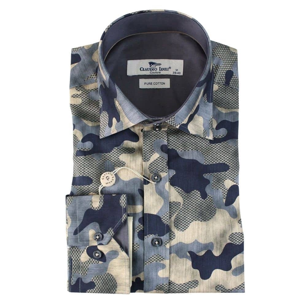 Claudio Lugli camo print shirt showing fabric detail and print quality