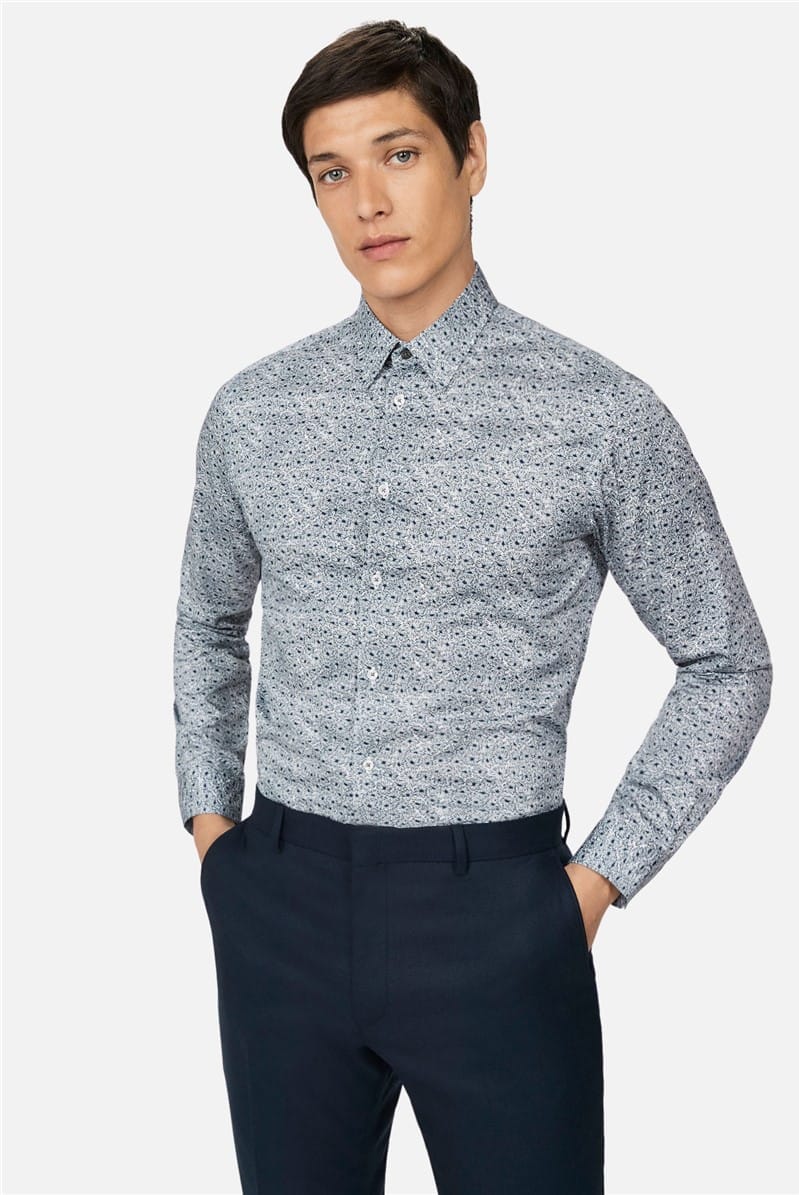 Ted Baker men's monochrome floral slim fit printed shirt showcasing the brand's signature slim silhouette