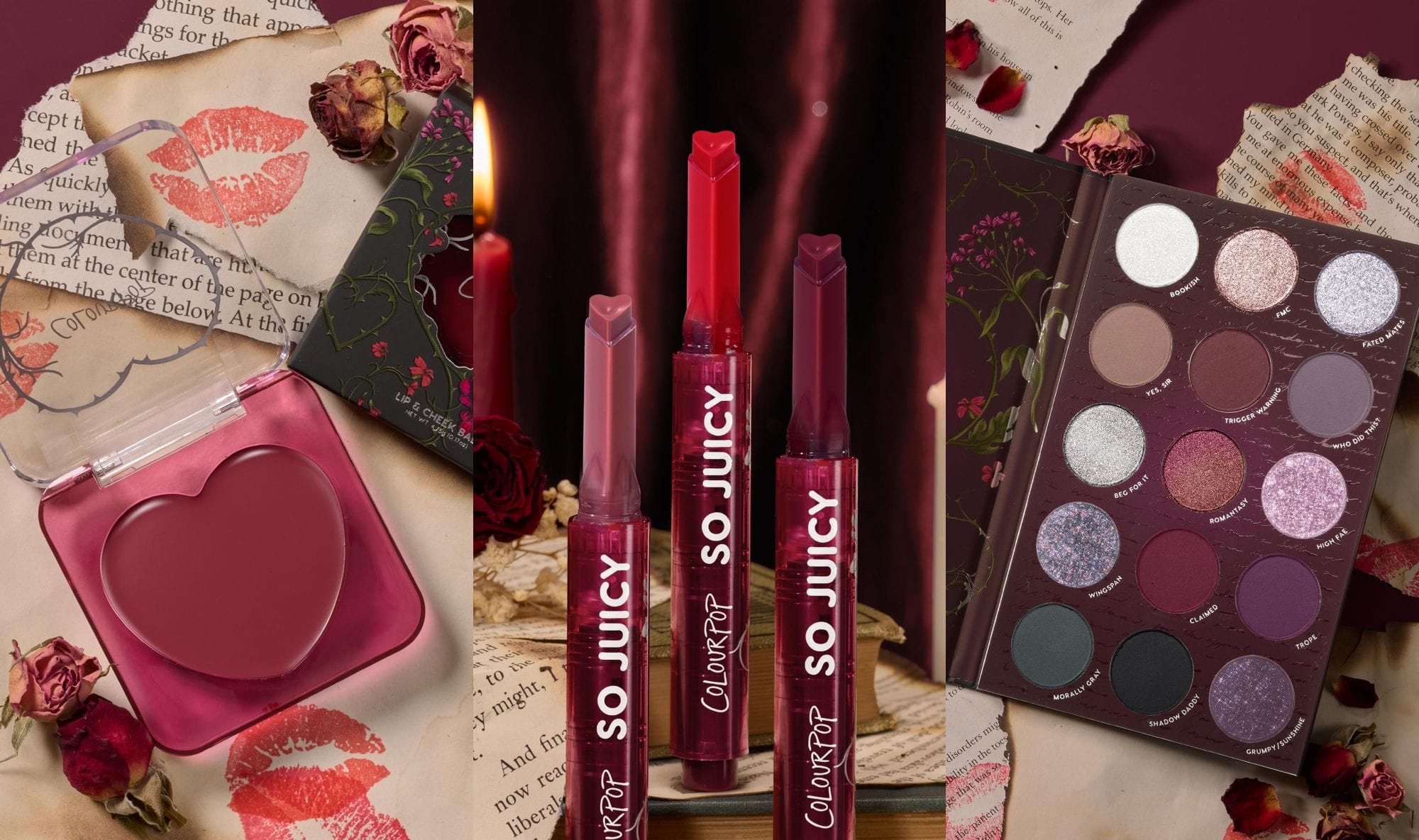 ColourPop Cosmetics Valentine's Day 2025 Collection showcasing eyeshadow palettes and lip products