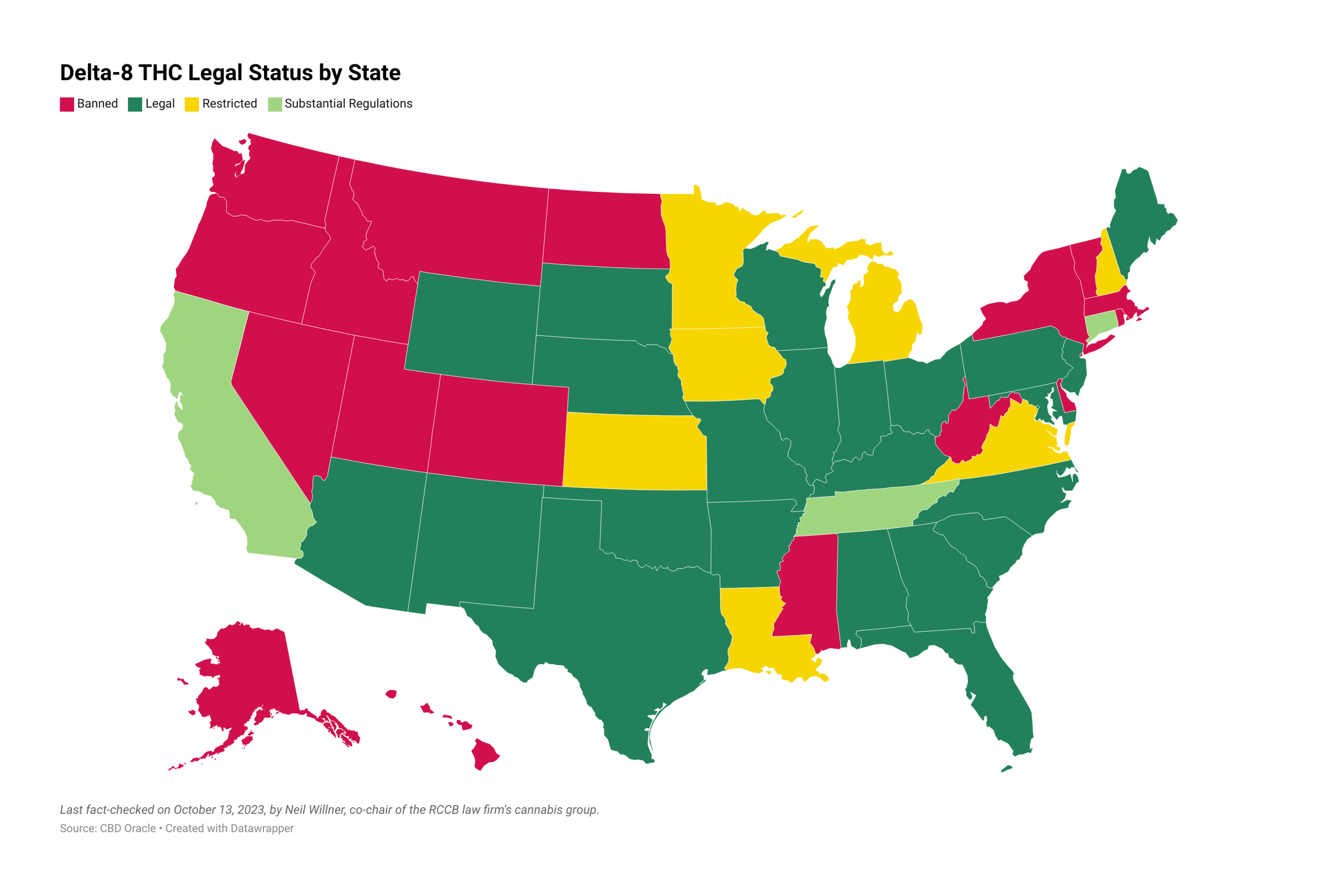 Delta-8 THC legal status map showing state-by-state legality across the United States