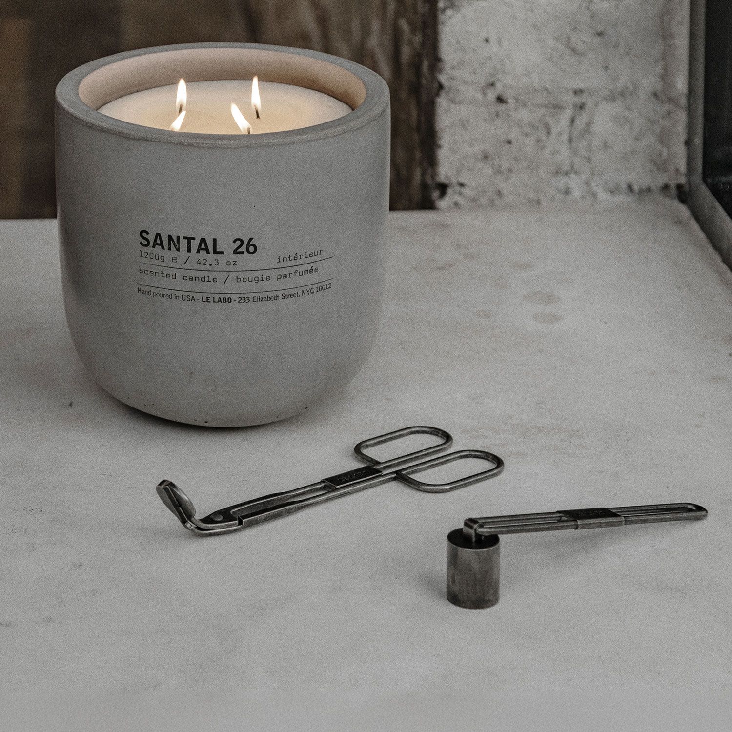 Le Labo Santal 26 classic candle in industrial distressed tin vessel