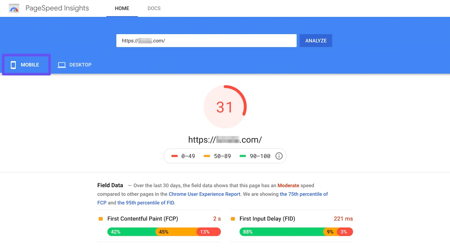 Google PageSpeed Insights showing website performance scores and metrics