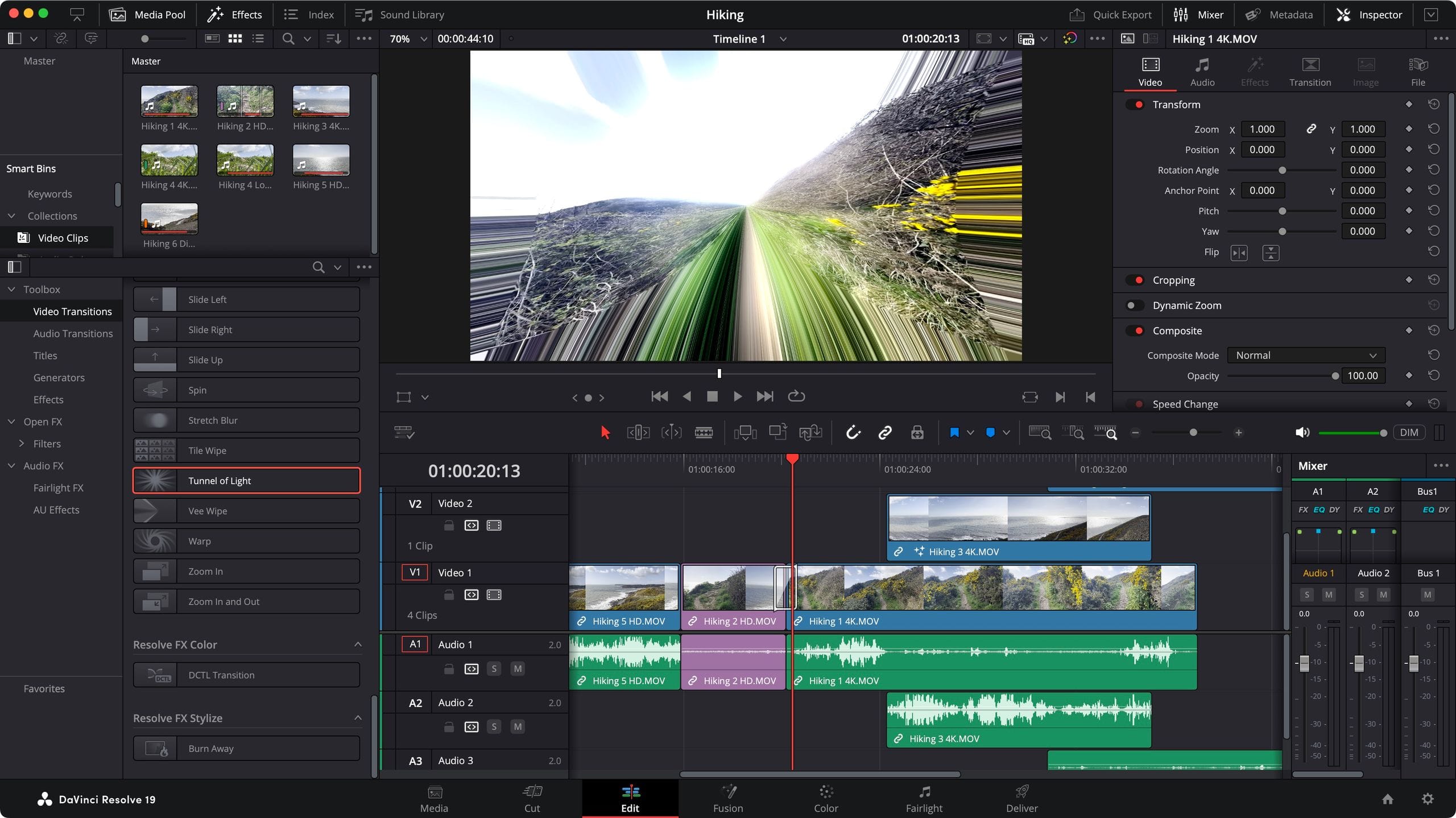 DaVinci Resolve 19 professional video editing interface showing color grading and timeline