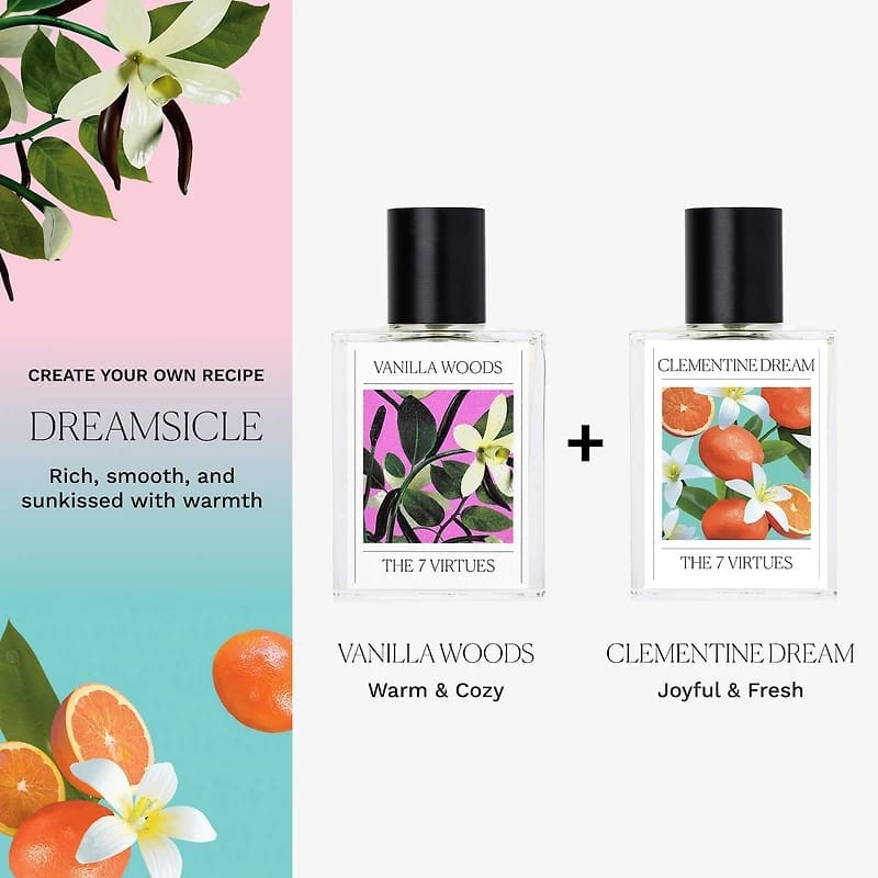 The 7 Virtues Vanilla Woods Eau de Parfum bottle at a retail display
