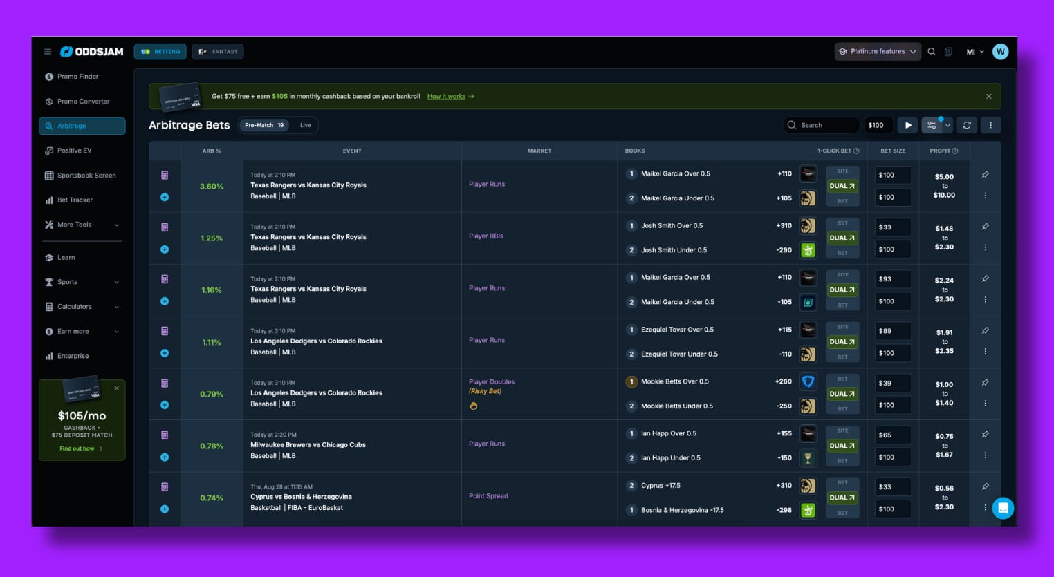 OddsJam sports betting dashboard interface showing real-time odds data