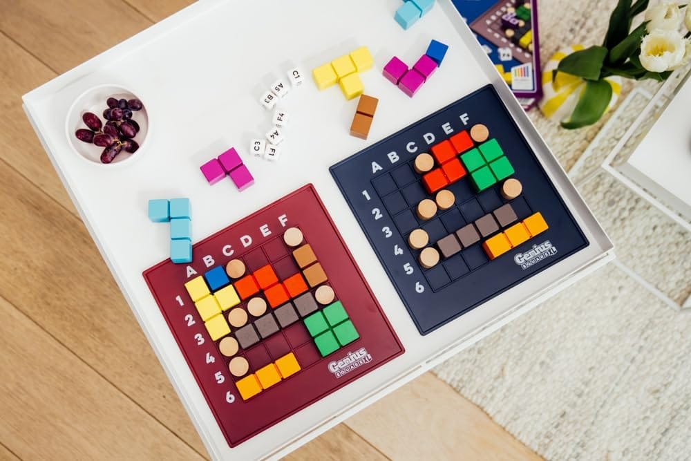 The Genius Square puzzle game box and components showing colorful polyomino pieces