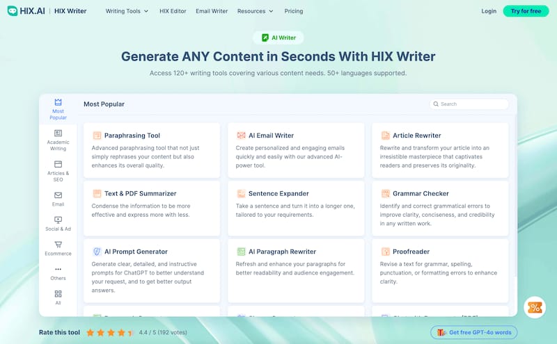 HIX AI features interface showing pros and cons of the platform