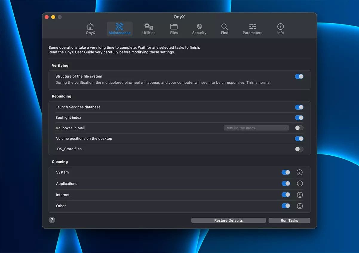 OnyX for Mac system utility interface showing maintenance options