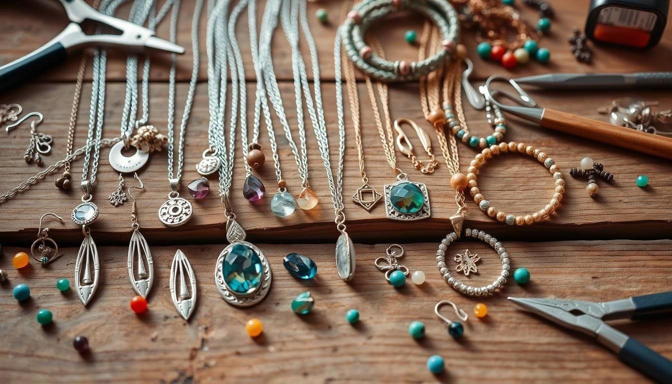 Etsy jewelry business workspace with handmade craft supplies
