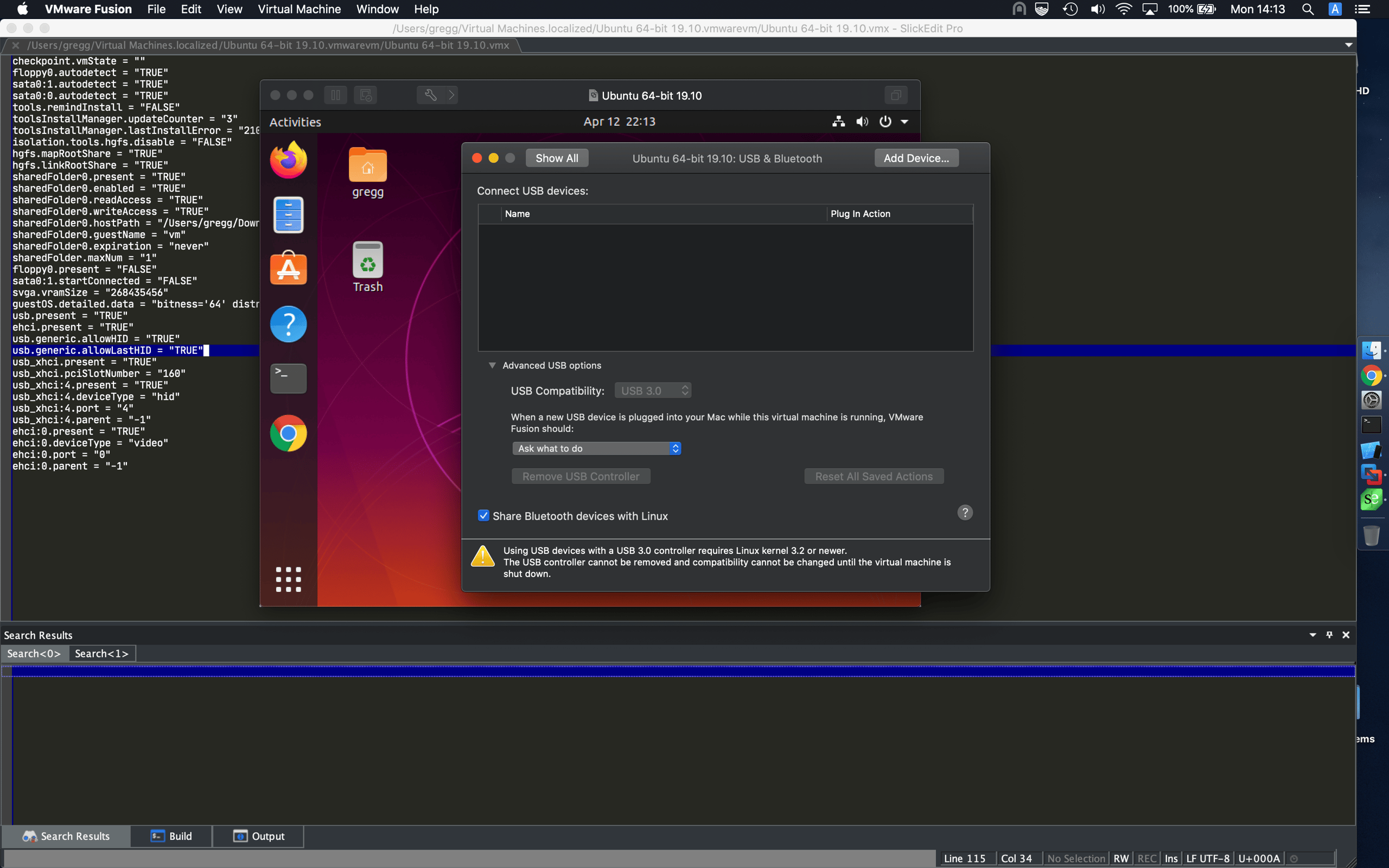 VMware Fusion running on Mac with USB device passthrough interface