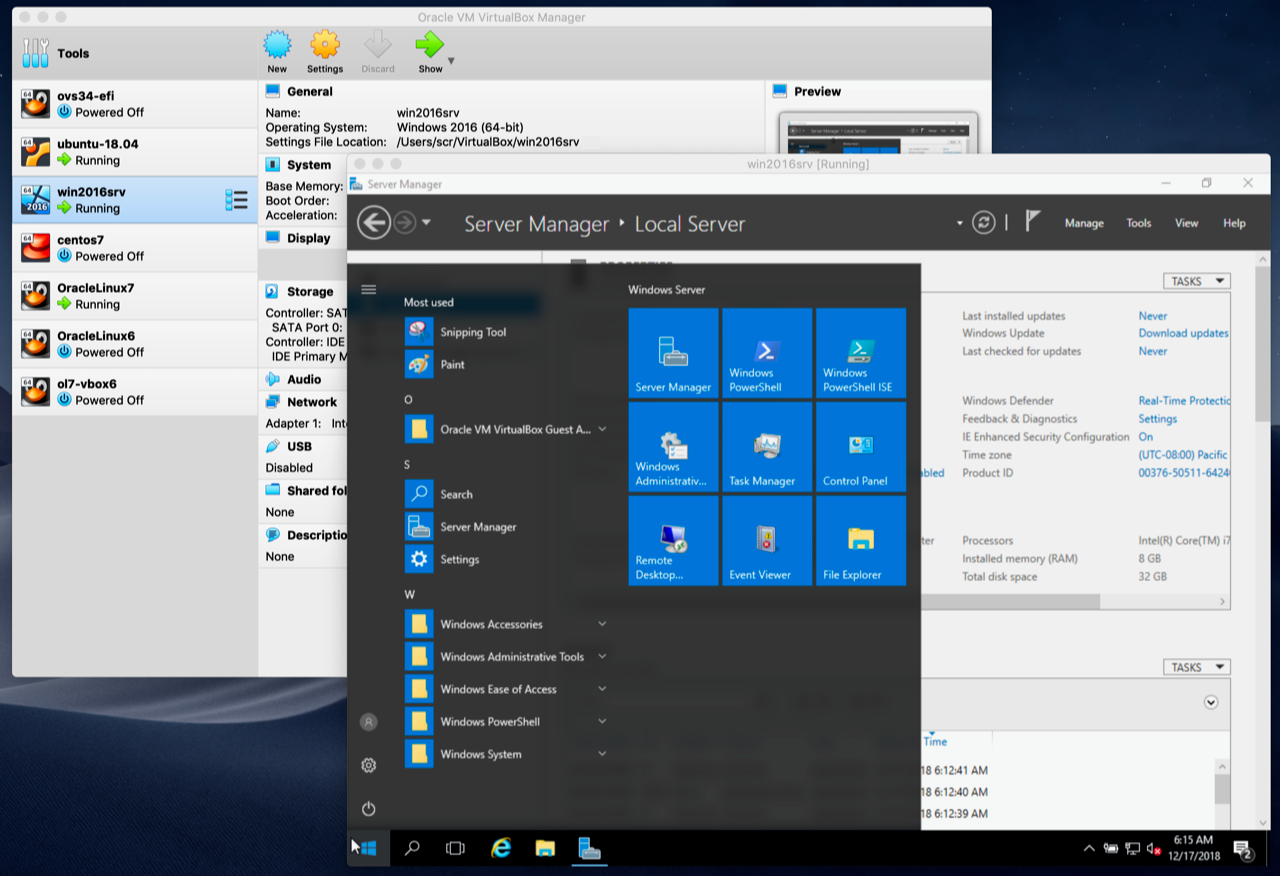 Oracle VirtualBox interface showing virtual machine management on Mac