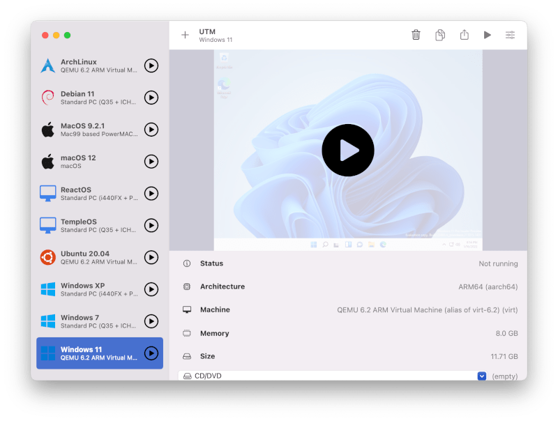 UTM virtual machine application interface on Mac