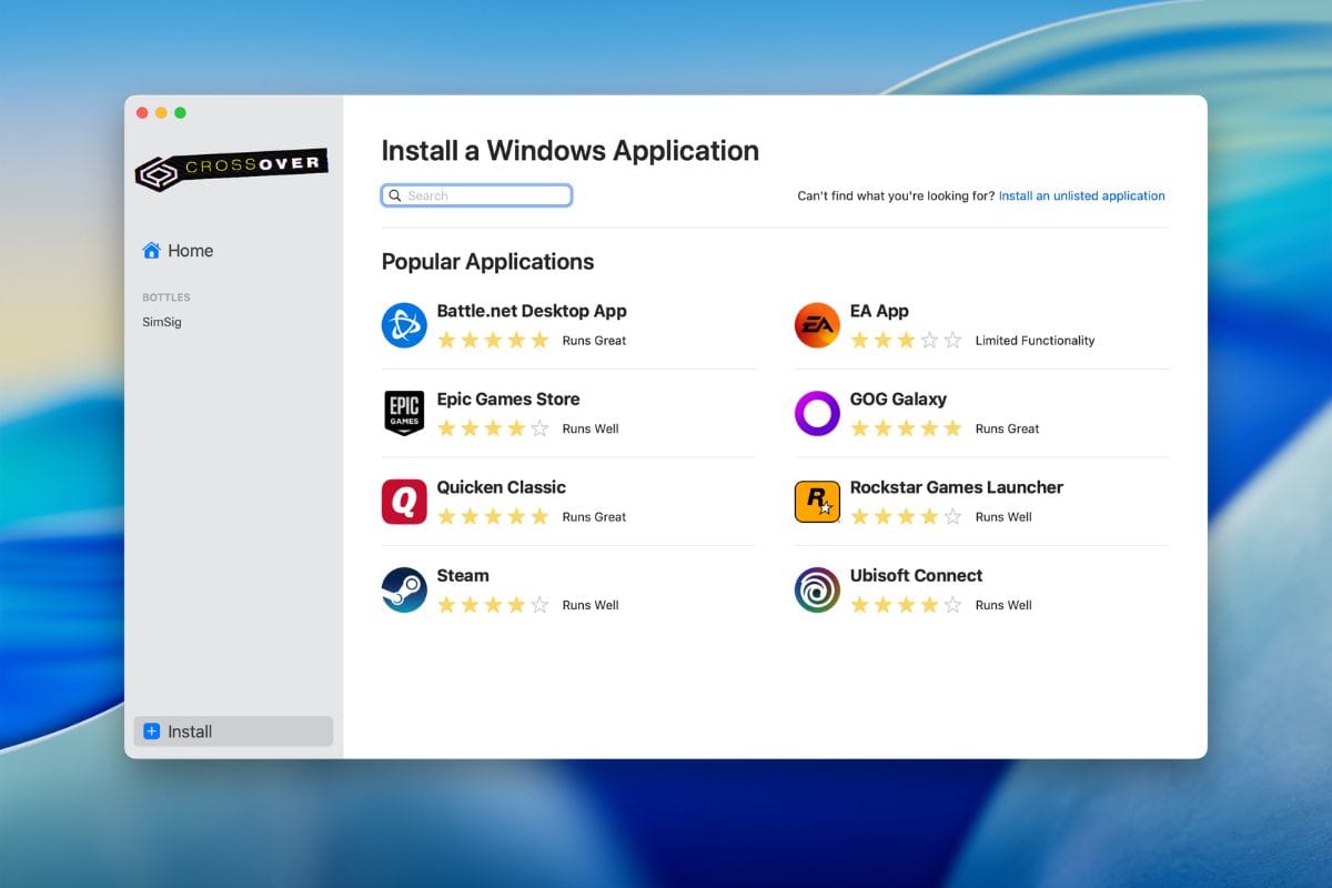 CrossOver for Mac running Windows applications natively on macOS