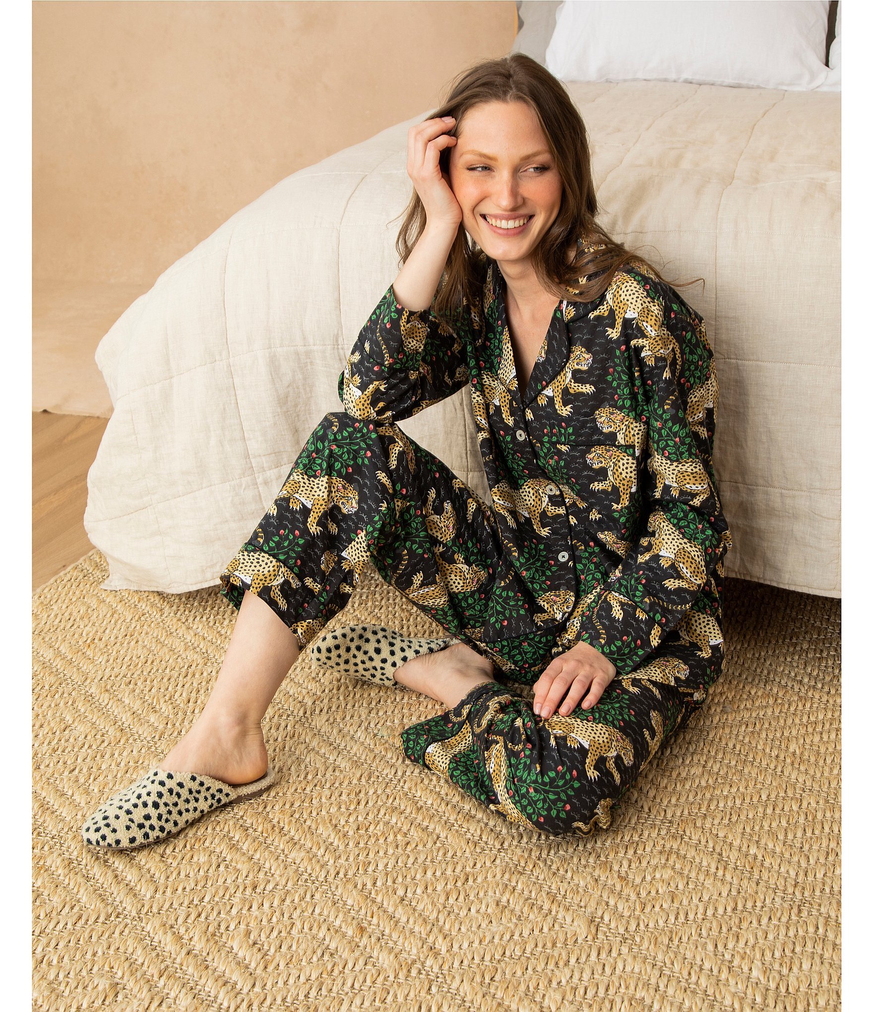 Printfresh woven organic cotton poplin pajamas with whimsical Bagheera leopard print