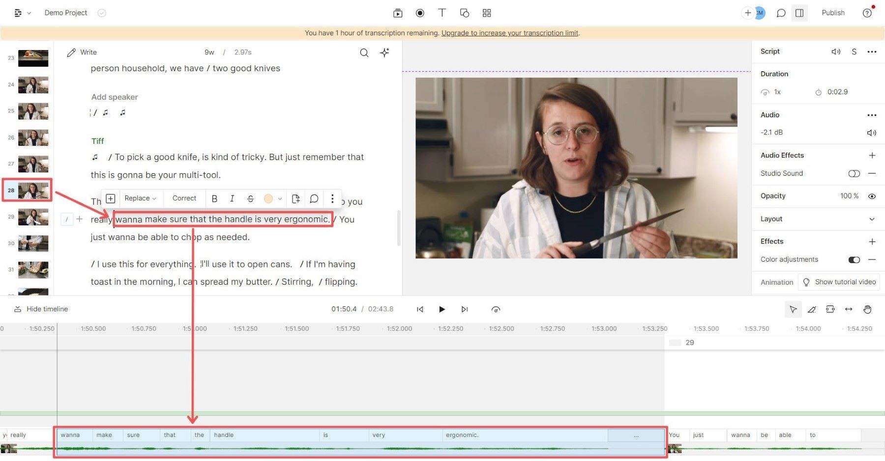 Descript AI video editor interface and features