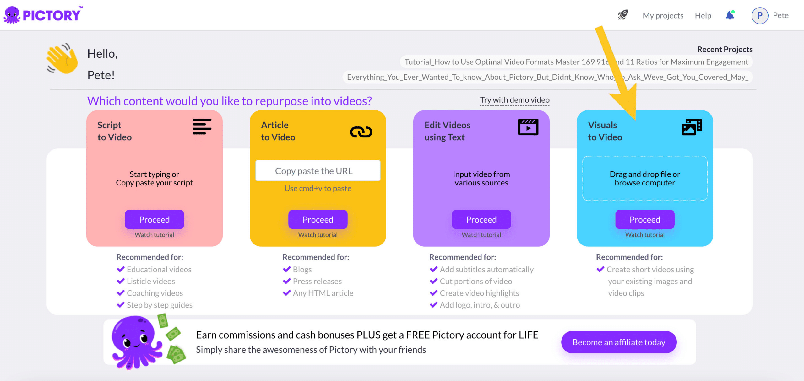 Pictory AI video generator platform interface