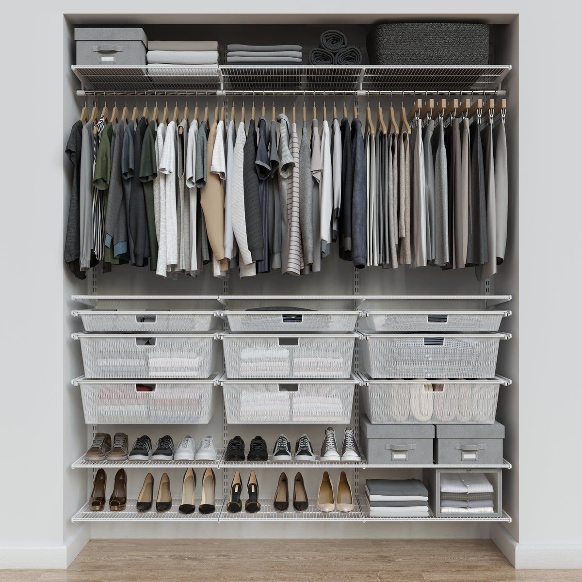 Elfa Classic closet system from The Container Store showing organized reach-in closet with white shelving and drawers