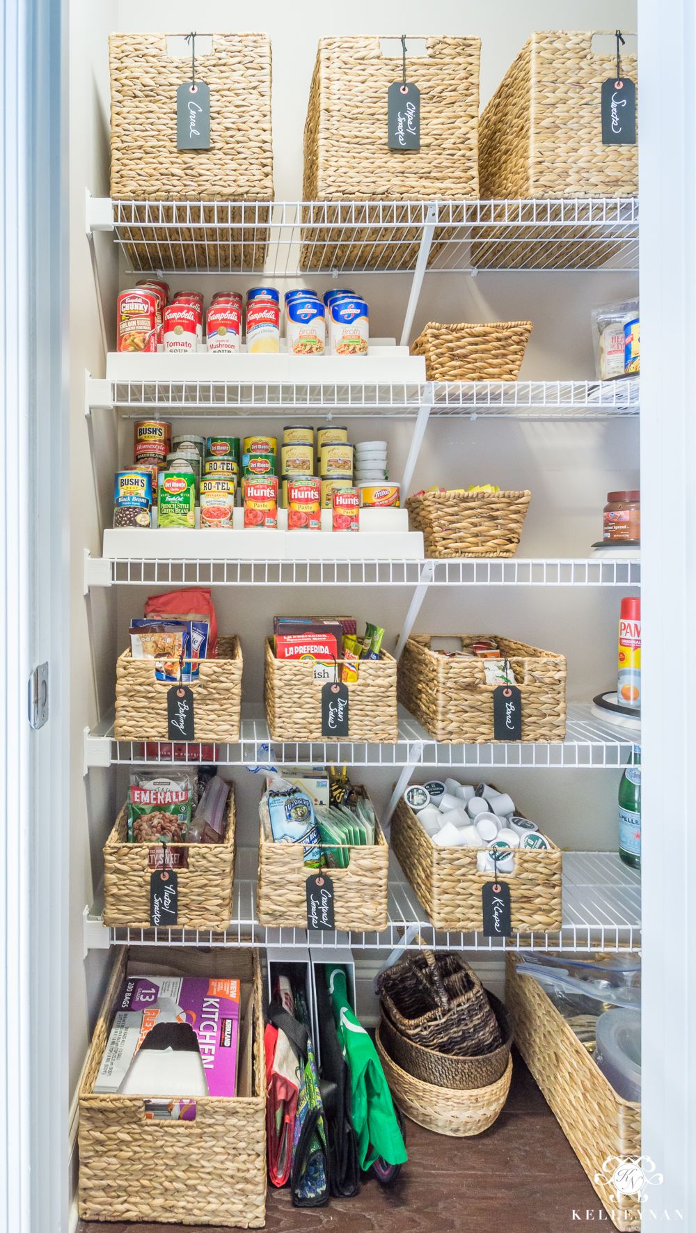 Organized pantry with wire shelving system showing neatly arranged food items and storage containers