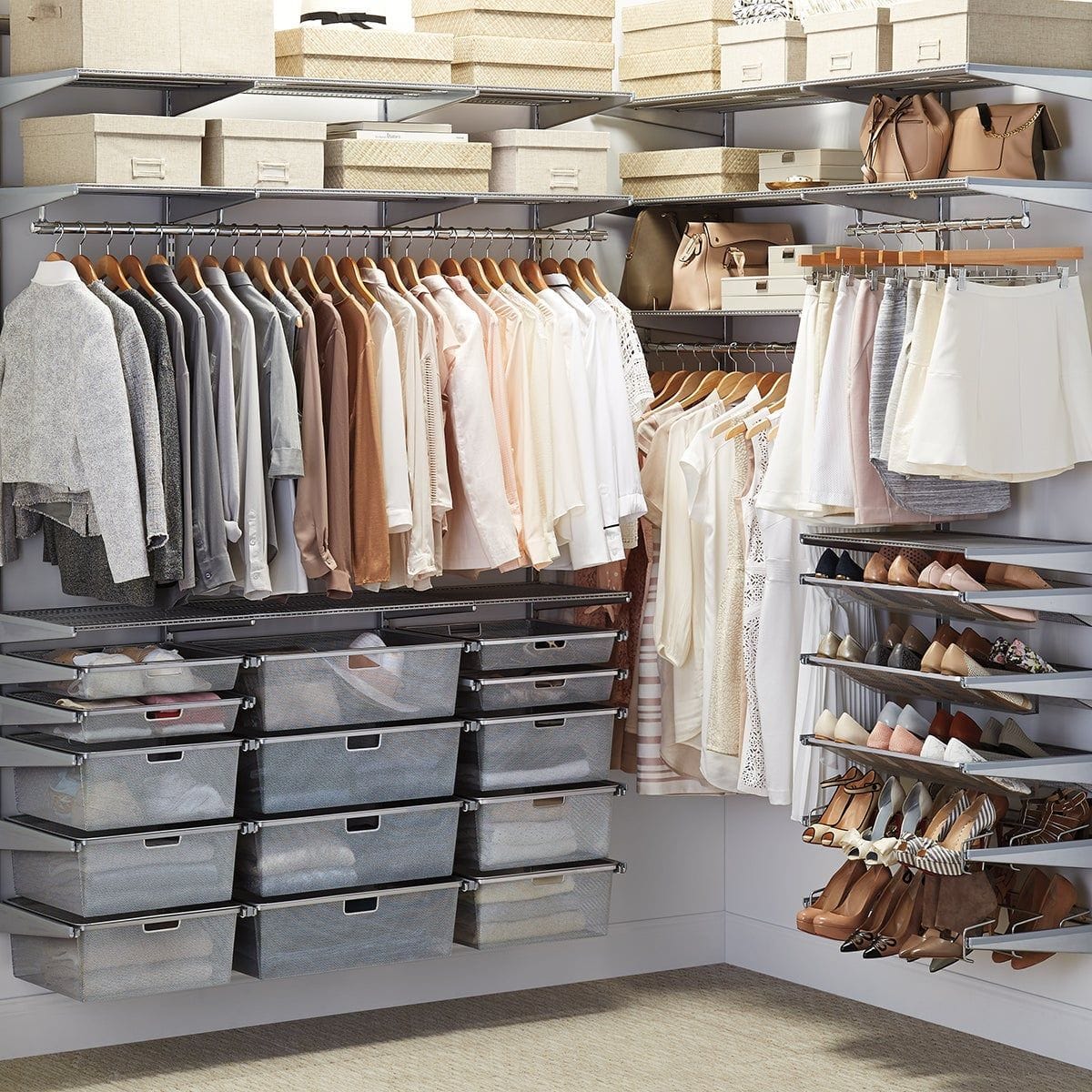 Elfa Classic closet system from The Container Store showing organized walk-in closet