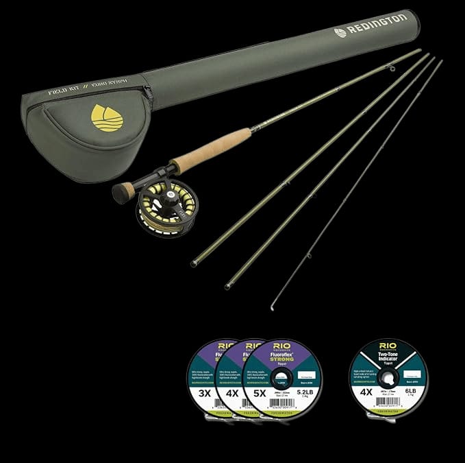 Redington fly fishing gear lineup including rods, waders, and accessories