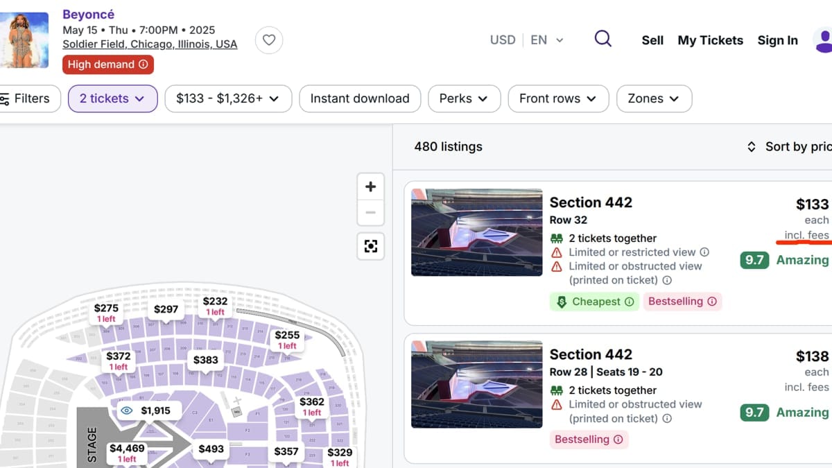 SeatGeek and StubHub upfront ticket pricing comparison