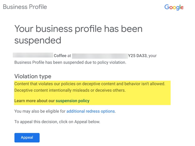 Google Business Profile suspended warning notification showing account suspension risk