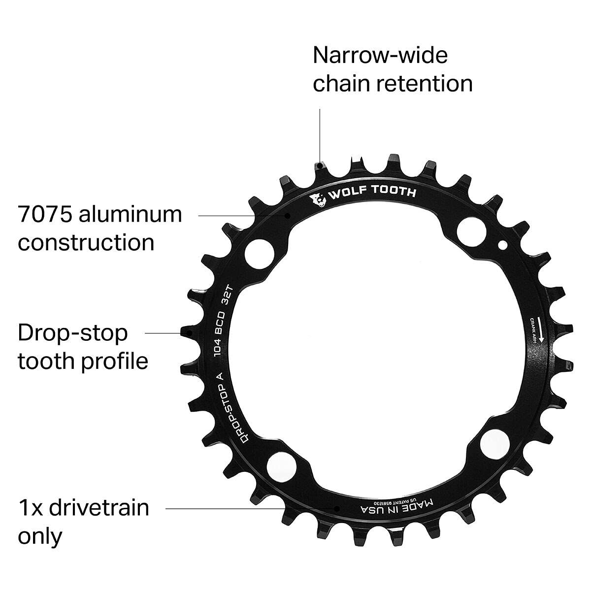 Wolf Tooth Drop-Stop chainring showing precision CNC machined narrow-wide tooth profile