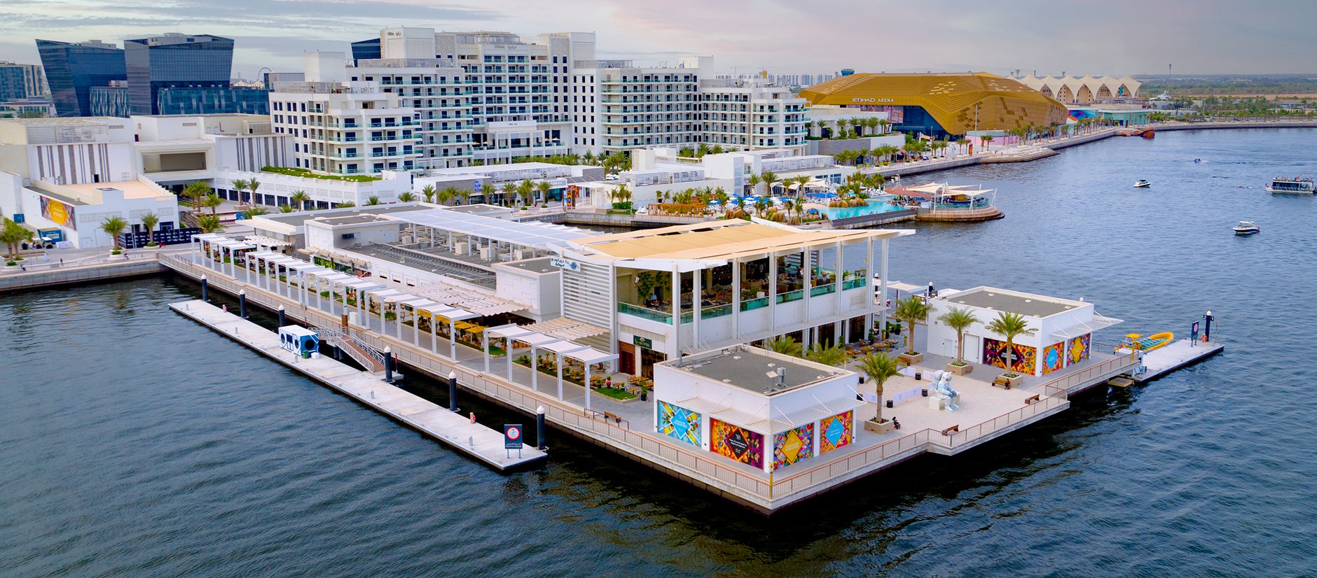 Yas Bay Waterfront Abu Dhabi dining and entertainment promenade with restaurants and modern architecture