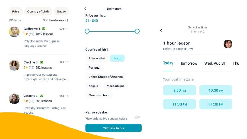 Preply online tutoring platform interface showing tutor matching and lesson features