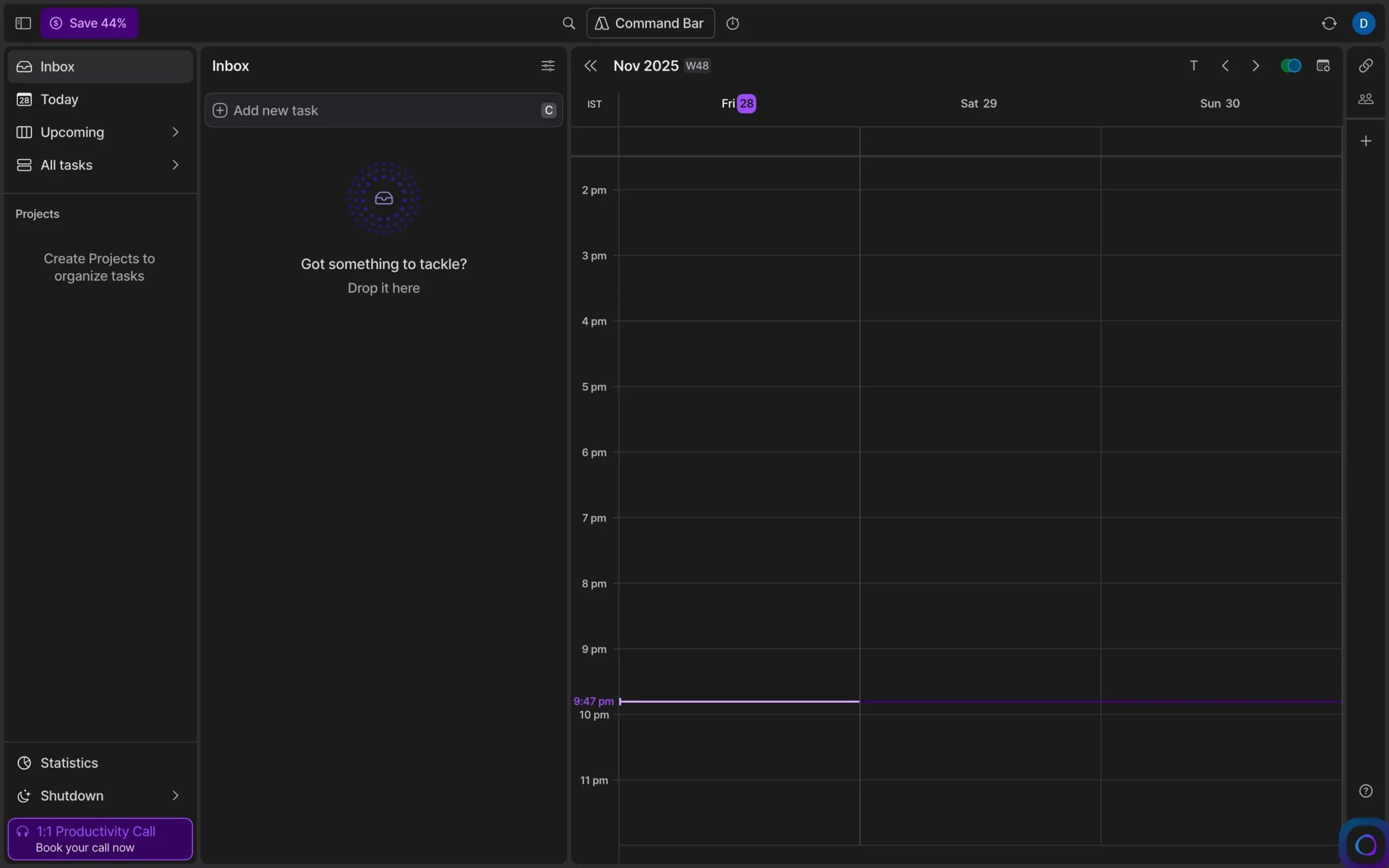 Akiflow desktop application showing command bar interface and time blocking workflow for power users