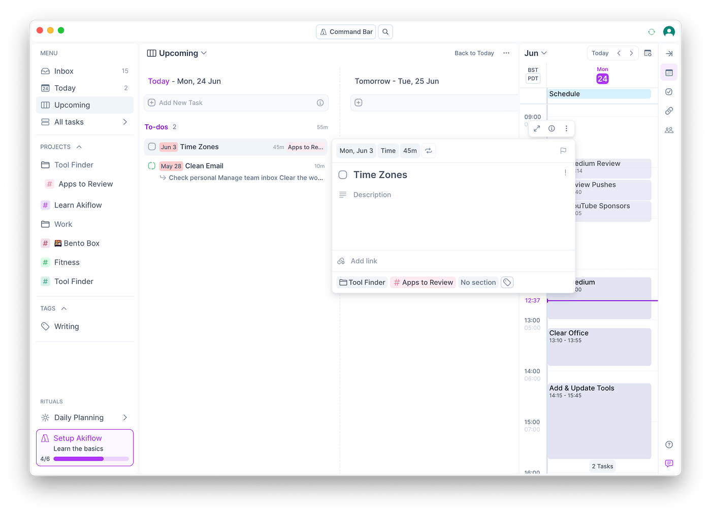 Akiflow productivity dashboard interface showing unified inbox calendar and task triage workflow