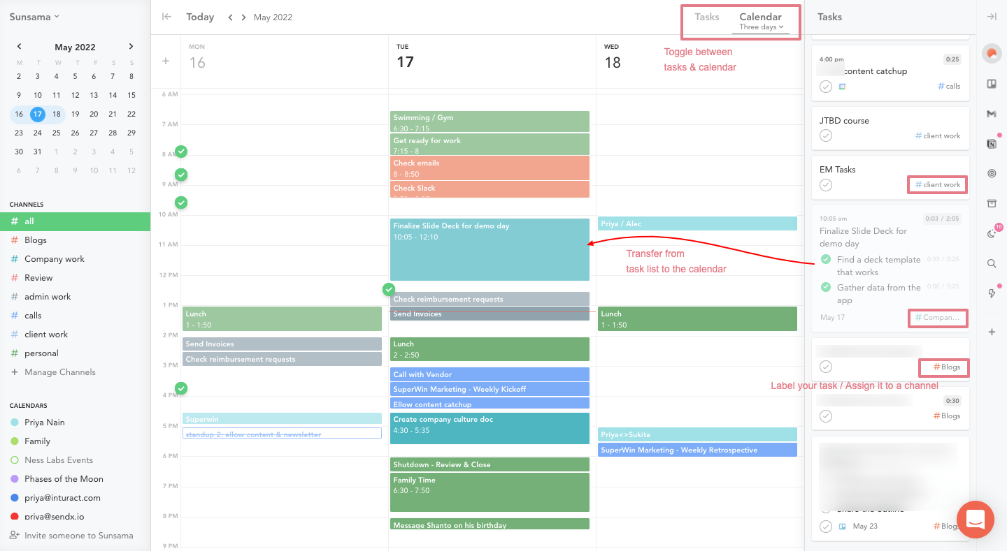 Sunsama mindful daily planner application interface with task lists and calendar view