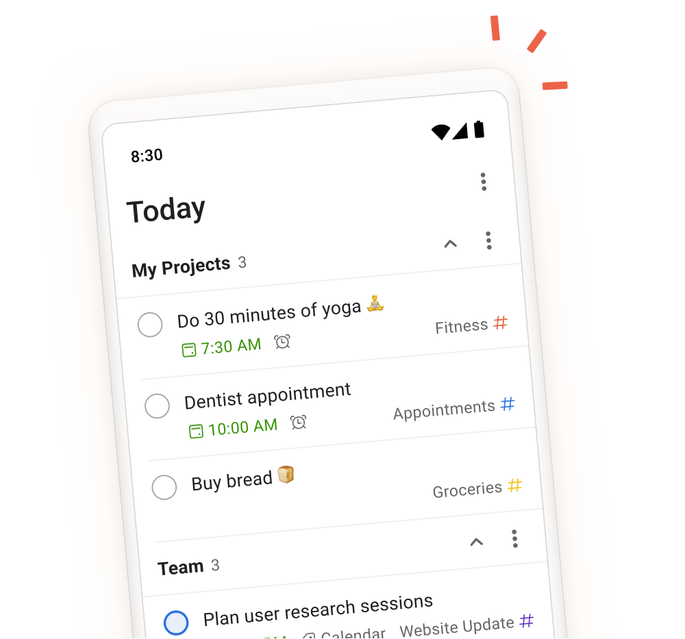 Todoist task manager interface showing project organization labels and quick add functionality