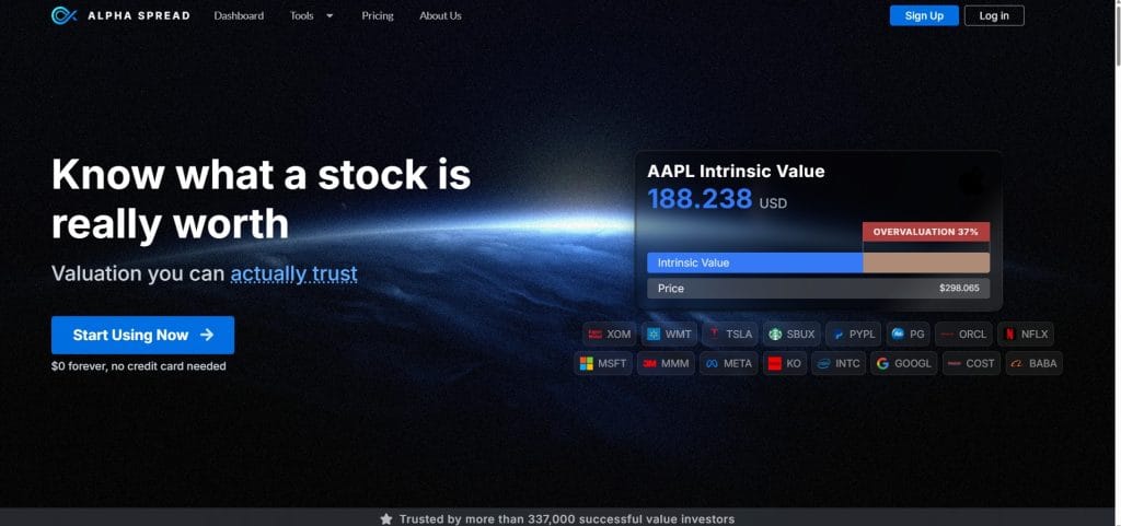 Alpha Spread automated stock valuation platform dashboard showing DCF model interface