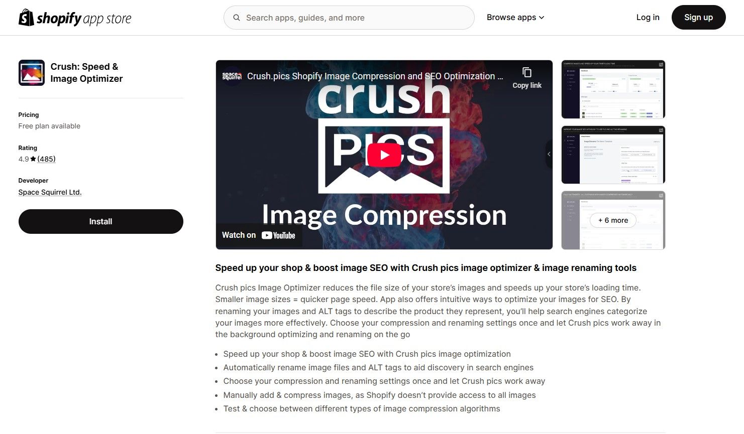 Shopify image SEO optimizer apps dashboard comparing alt text and compression features
