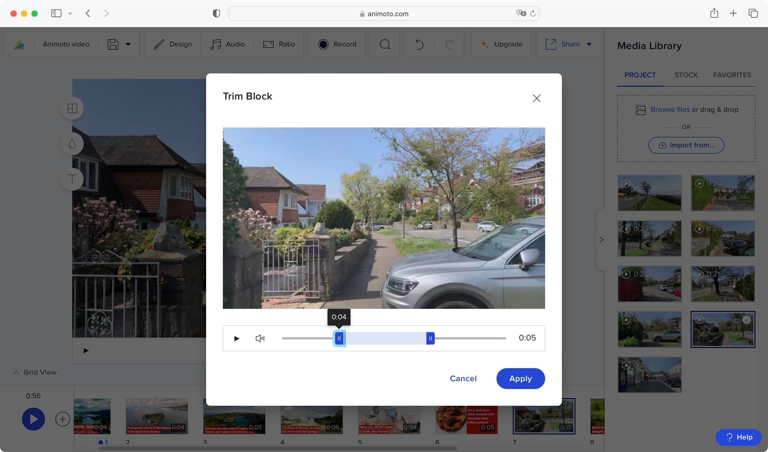 Animoto online video editor dashboard interface showing template library and project workspace