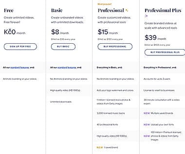 Animoto pricing plans chart showing tiers Free Basic Professional and Professional Plus with annual rates