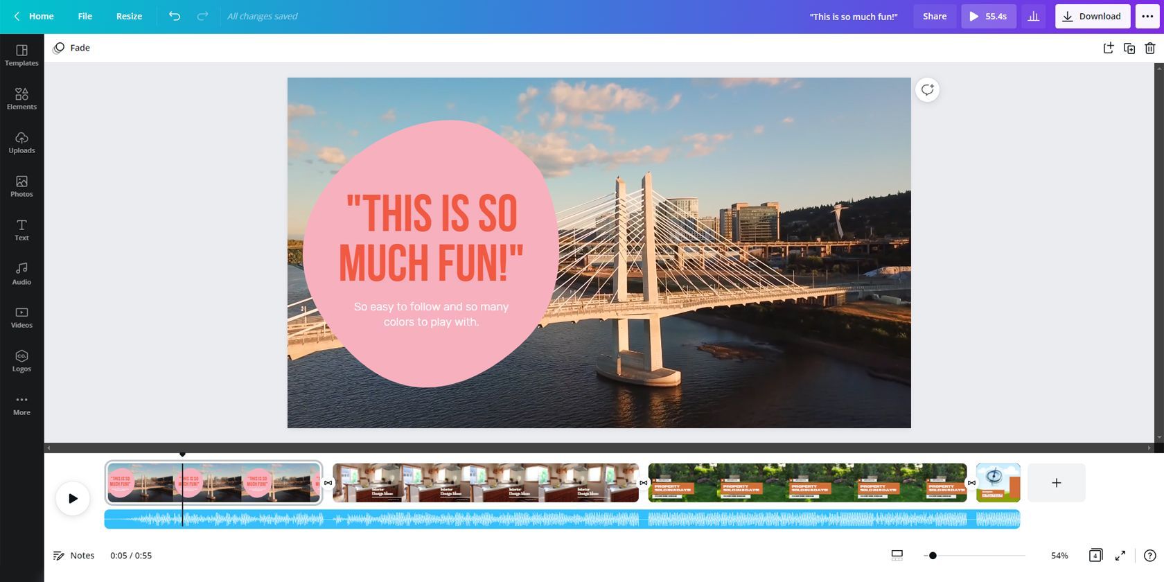 Canva Video editor workspace showing template-driven design timeline and brand kit features