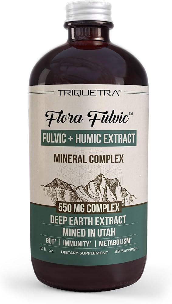 Fulvic and humic acid supplement bottle representing The Black Stuff category for energy and gut health