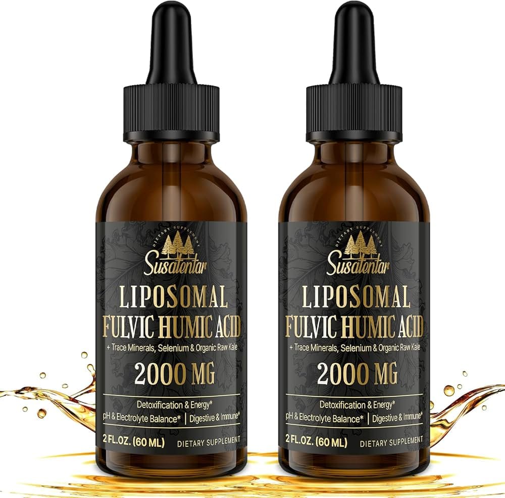 Liposomal fulvic and humic acid supplement bottle on white background representing The Black Stuff ingredient class