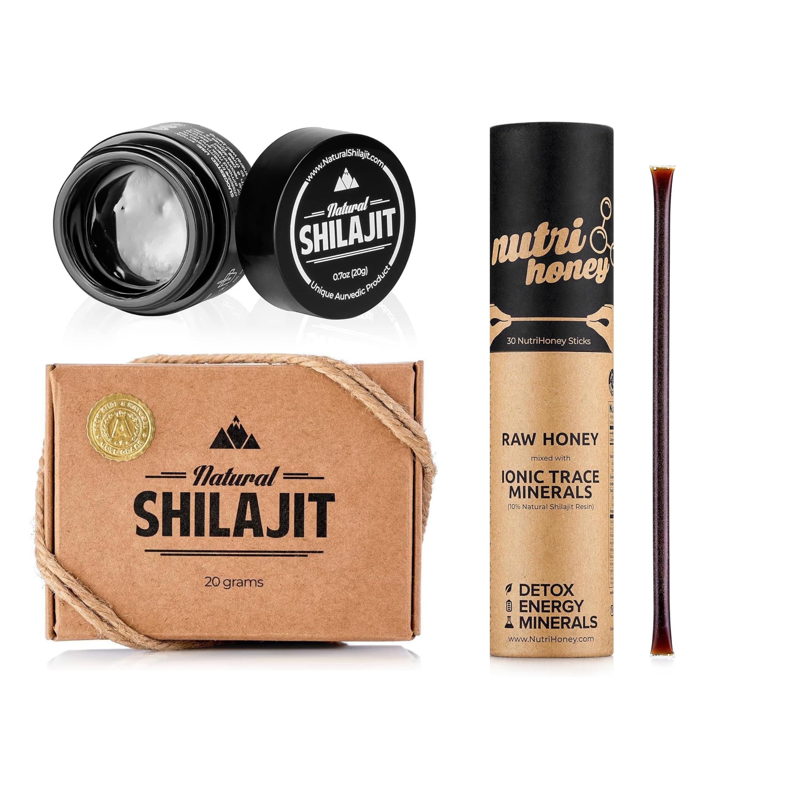Black Stuff Review 2026: Unbiased Analysis of Efficacy, Safety & Value -Natural Shilajit resin jar with honey sticks shown as a popular budget alternative to The Black Stuff fulvic acid supplement-couponsscout.com