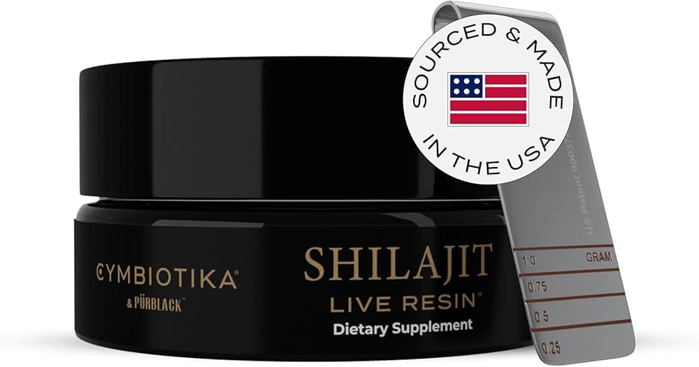 Cymbiotika Pure Himalayan Shilajit Resin 500mg jar showing trace minerals and fulvic acid formula